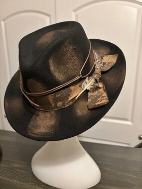 Men's Black & Brown Distressed Fedora Hat with Feather Accent